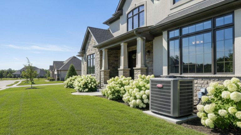A modern residential HVAC unit on the side of a well-maintained home, symbolizing increased property value.