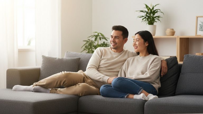 A man and woman are relaxing together on a sofa in a bright and comfortable living room.